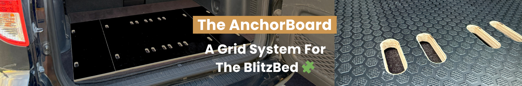 A car trunk featuring The AnchorBoard, a sturdy black grid platform designed for the BlitzBed sleeping system, with a close-up showing its slotted surface for customizable setup.