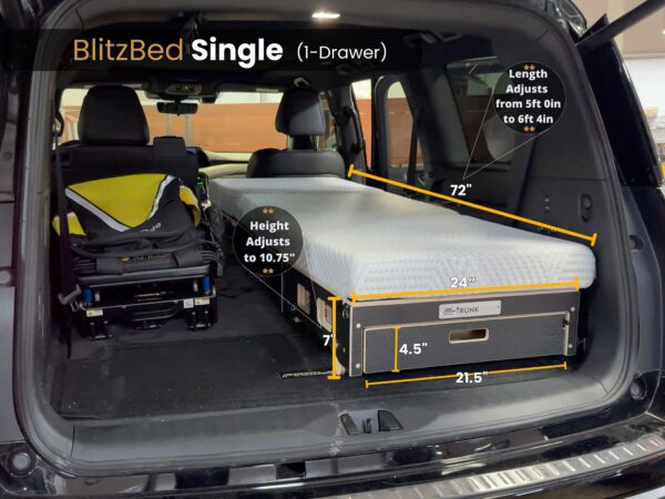 A foldable single Trunk Mate sleeping platform with one spacious drawer is set up in the back of an SUV, showing labeled dimensions and adjustable height features for a perfect custom fit.