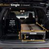 A Trunk Mate Sleeping Platform set up in an SUV with the rear seats folded down, featuring a sturdy metal frame and labeled dimensions: adjustable height up to 10.75 inches, length 72 inches, width 24 inches, gap 4.5 inches, and a usable platform width of 21.5 inches—perfect for maximizing your car camping setup.
