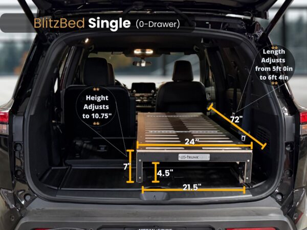A Trunk Mate Sleeping Platform set up in an SUV with the rear seats folded down, featuring a sturdy metal frame and labeled dimensions: adjustable height up to 10.75 inches, length 72 inches, width 24 inches, gap 4.5 inches, and a usable platform width of 21.5 inches—perfect for maximizing your car camping setup.