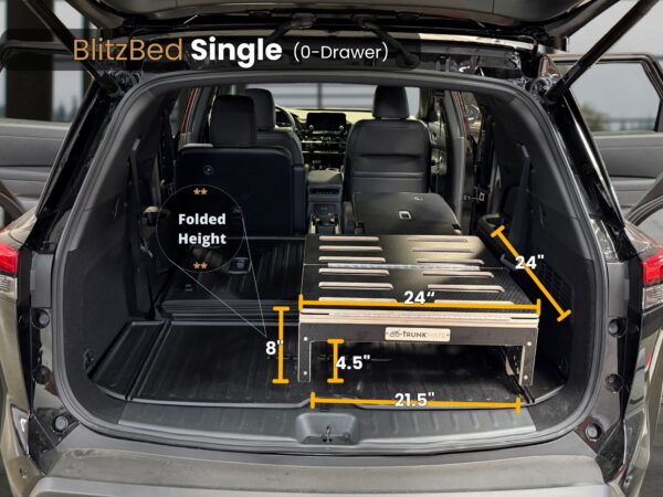 SUV trunk fitted with a BlitzBed Single (0-Drawer) platform, displayed folded to highlight its compact 8-inch height, 24-inch width and depth, 21.5-inch base length, and 4.5-inch clearance—perfect for maximizing sleep space while keeping your cargo area organized.