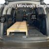 Trunk Mate BlitzBed Minivan Single wooden platform setup in a minivan, showing adjustable height, length, and measurements.