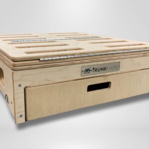 A sturdy Trunk Mate wooden storage box with handy side handles, a front pull-out drawer, ventilation slots for airflow, and a hinged lid—all designed for organized car camping and shown on a simple neutral backdrop.