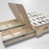 Trunk Mate full-sized wooden storage platform featuring sliding drawers, hinged lids, and spacious compartments for organized gear and easy reach in your vehicle.