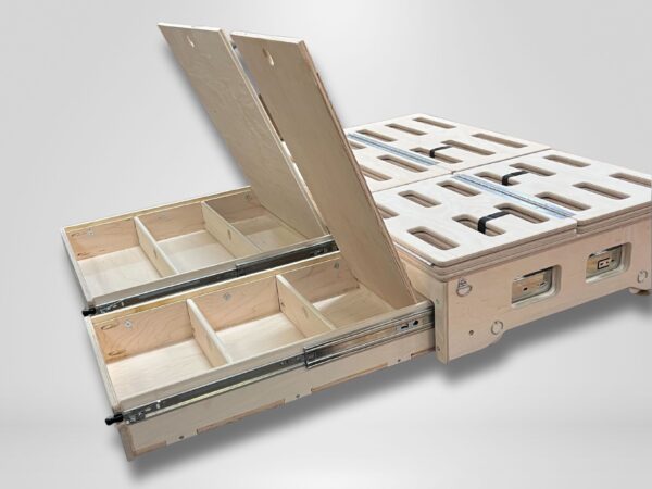 Trunk Mate full-sized wooden storage platform featuring sliding drawers, hinged lids, and spacious compartments for organized gear and easy reach in your vehicle.