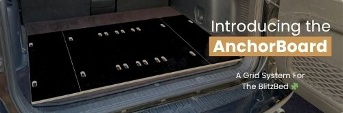 A black AnchorBoard grid system neatly installed in the rear cargo area of an SUV, ready for adventure. Text overlay reads: "Introducing the AnchorBoard. A Grid System For The BlitzBed.